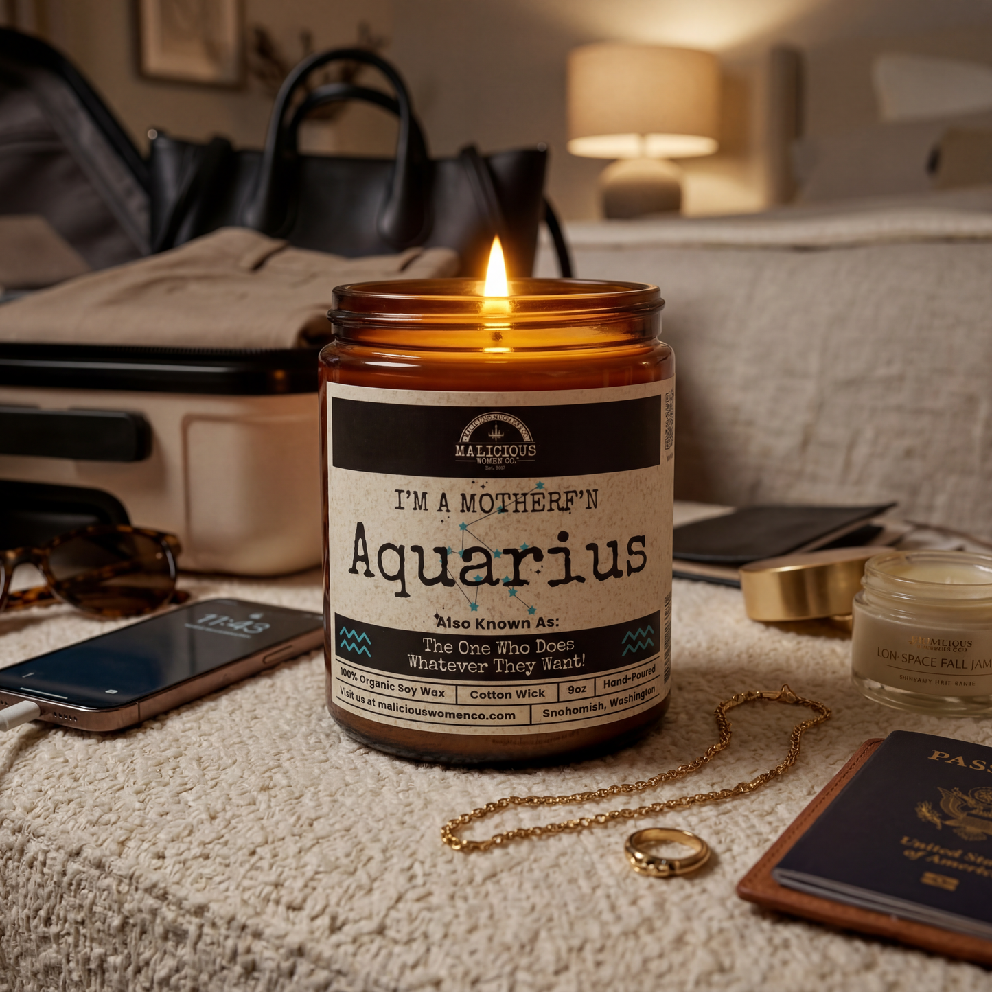 Malicious Women Co. I'm a MotherF’n Aquarius 9oz Zodiac Soy Candle | Astrology Gift Aromatherapy Candle 40+ Hr Burn