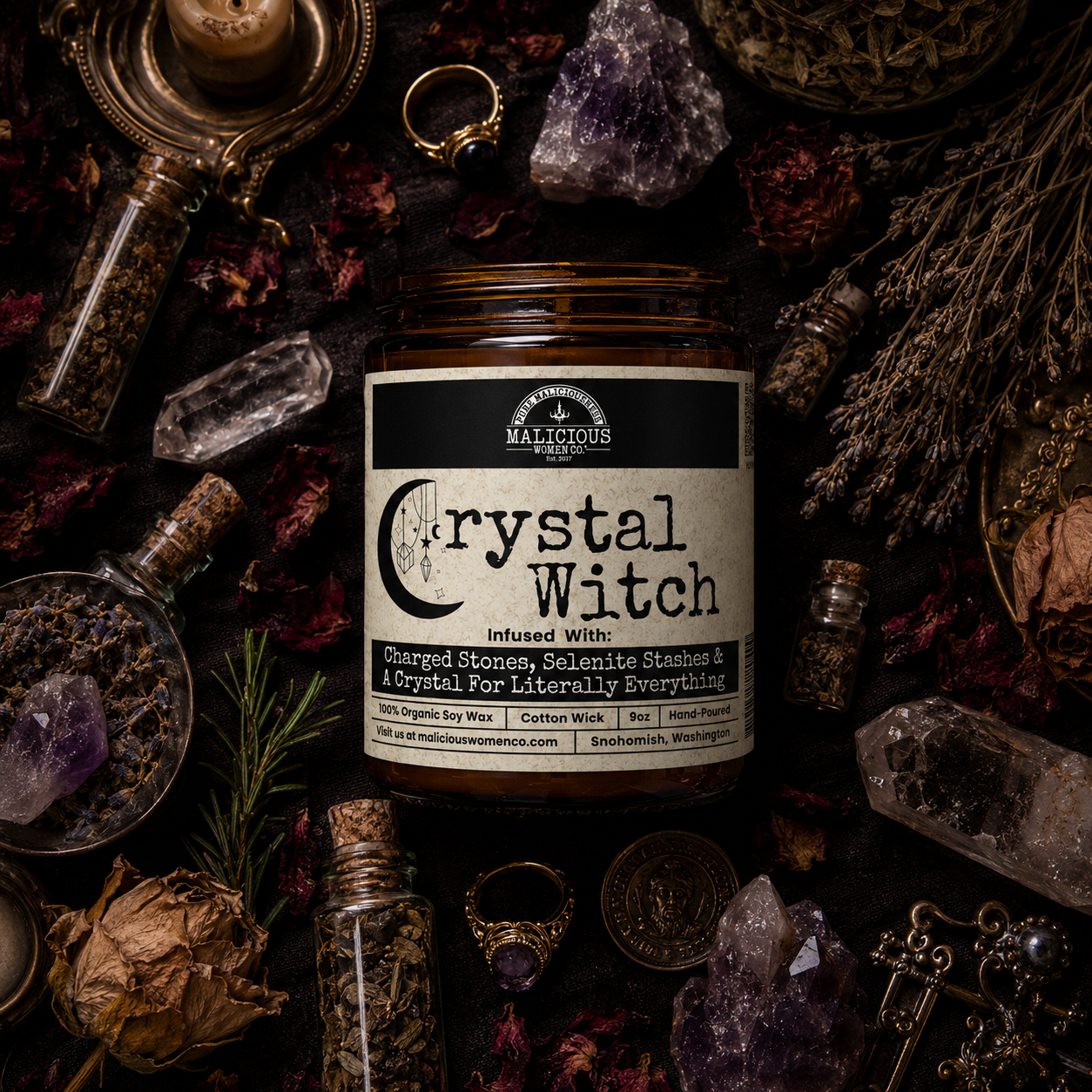 Malicious Women Co. Crystal Witch 9 oz Soy Candle | Crystal Aromatherapy Candle 40+ Hr Clean Burn Gift Home