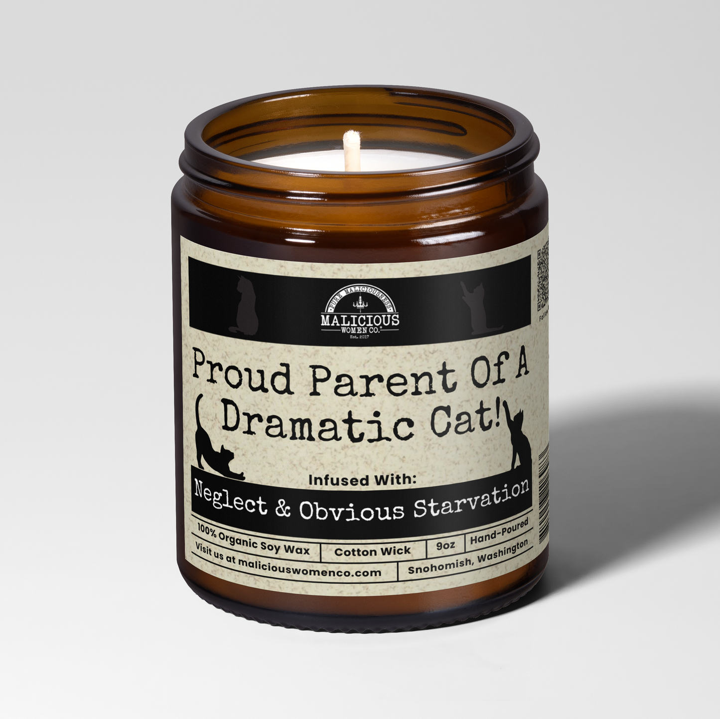 Malicious Women Co. Proud Parent Of A Dramatic Cat 9 oz Soy Wax Candle | Long-Lasting Scented Candle, Clean Burn Home Fragrance Gift USA
