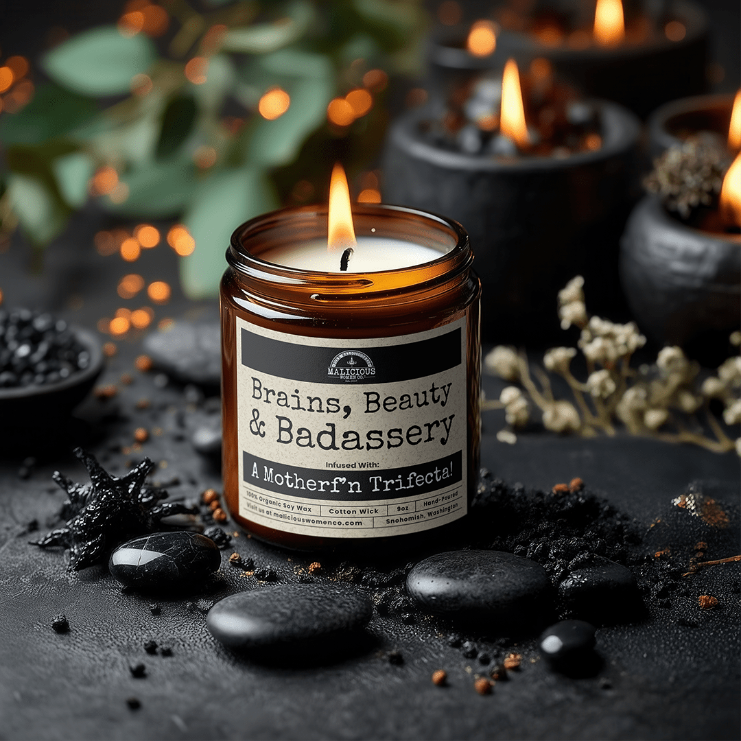 Brains Beauty Badassery 9oz Funny Candle Malicious Women Co