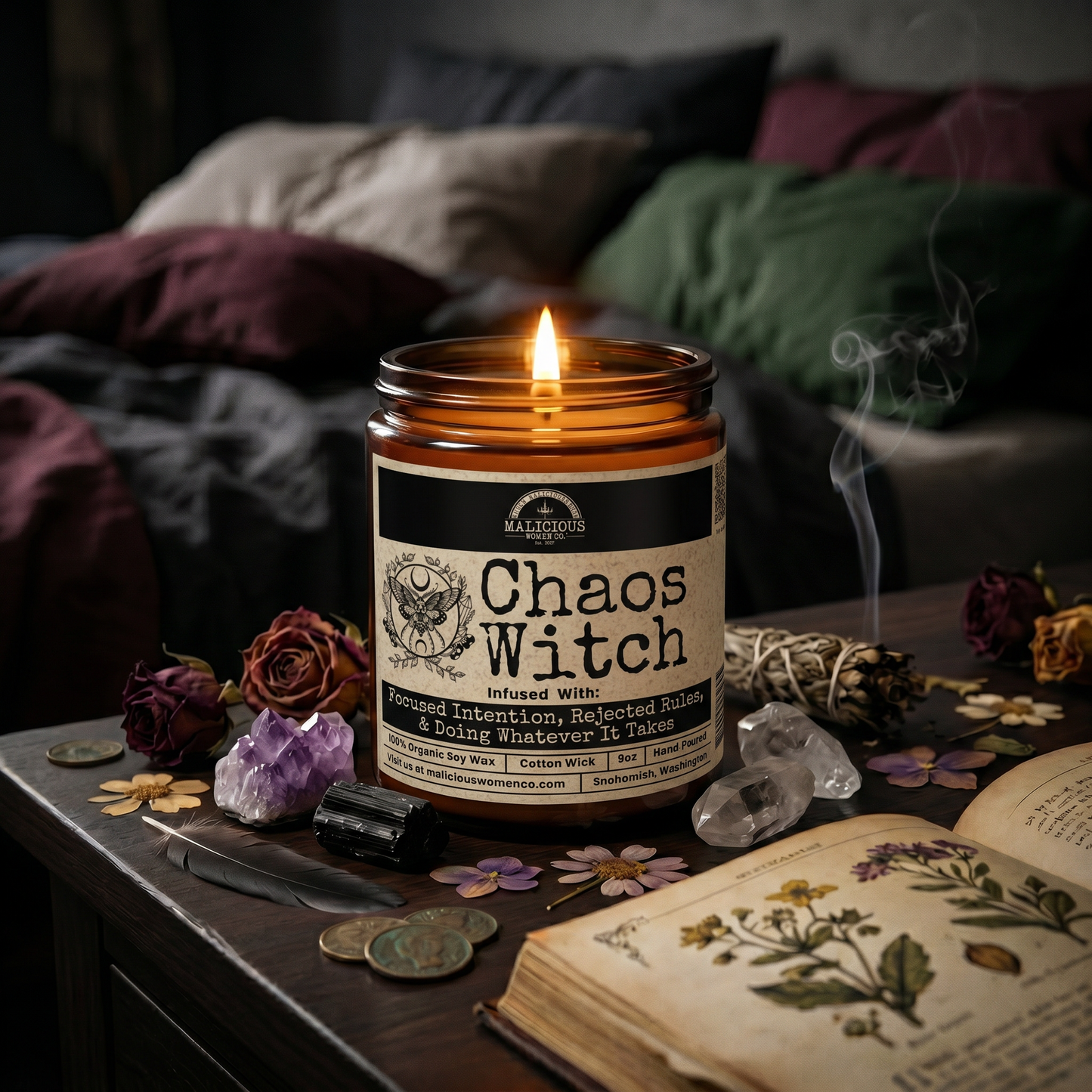Malicious Women Co. Chaos Witch 9oz Soy Candle | Bold Aromatherapy Candle Clean Burn 40+ Hr Gift Home Fragrance