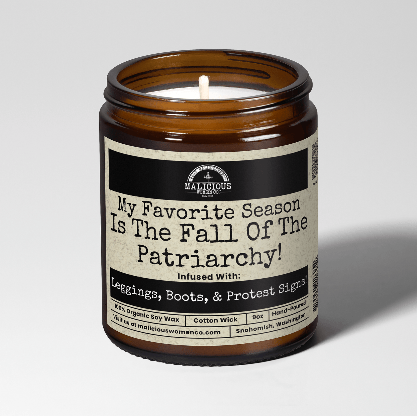 Malicious Women Co. My Favorite Season Is The Fall Of The Patriarchy 9oz Soy Wax Political Candle | Hand Poured Clean Burning Scented Home Fragrance Gift