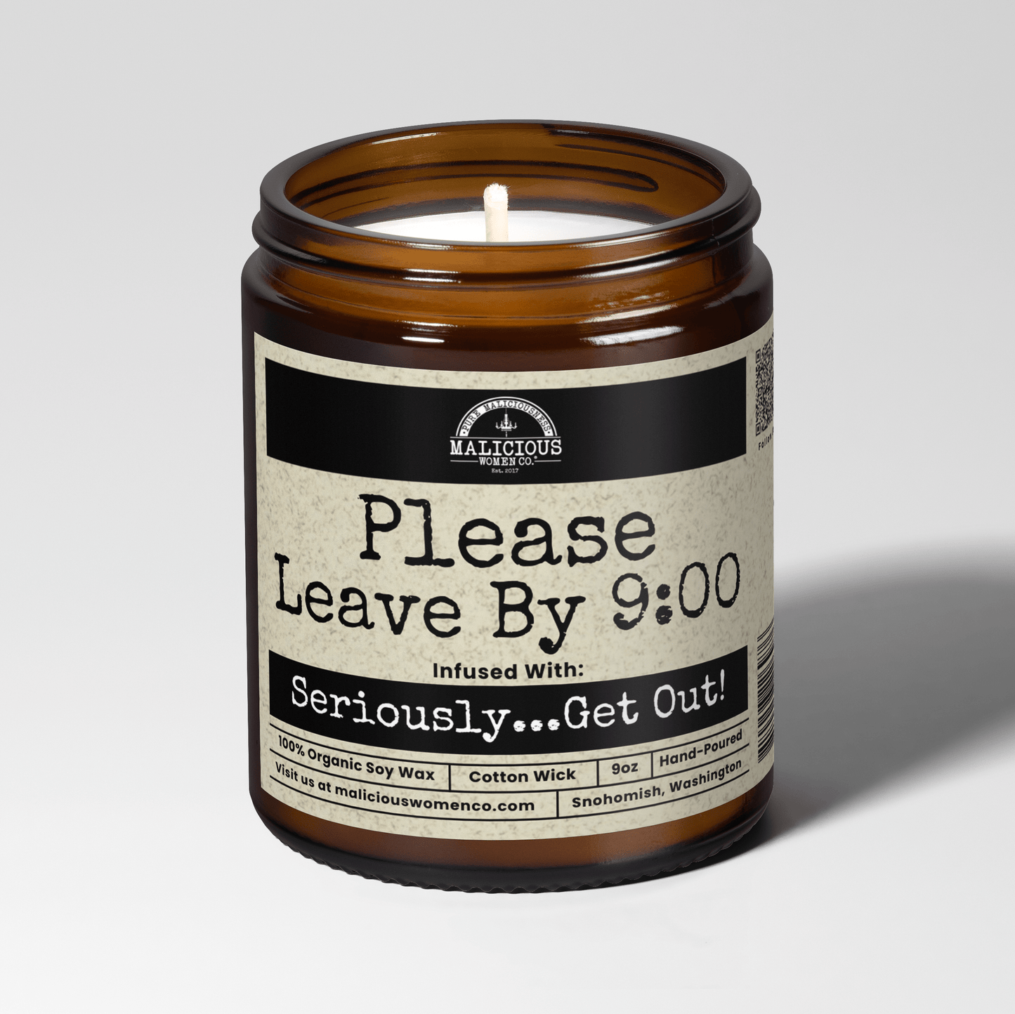 Malicious Women Co. Please Leave By 9:00 9oz Funny Soy Wax Candle | Aromatherapy Stress Relief Amber Jar Gift USA Multiple Scents Available