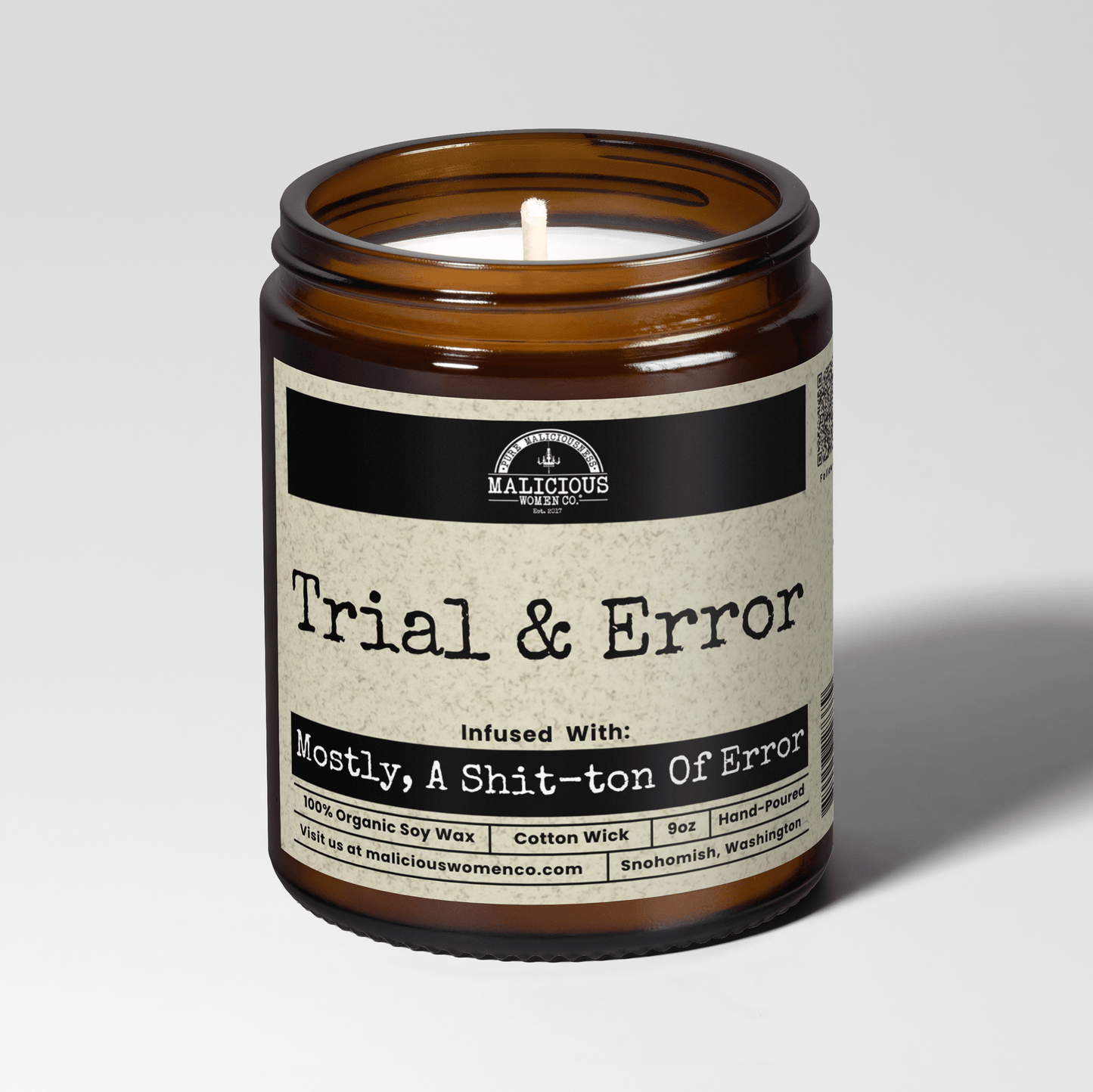 Malicious Women Co. Trial & Error 9 oz Soy Candle  | Funny Clean Burn Gift for Men, Women, Home Decor Multiple Scents Available: USA-Made Candle