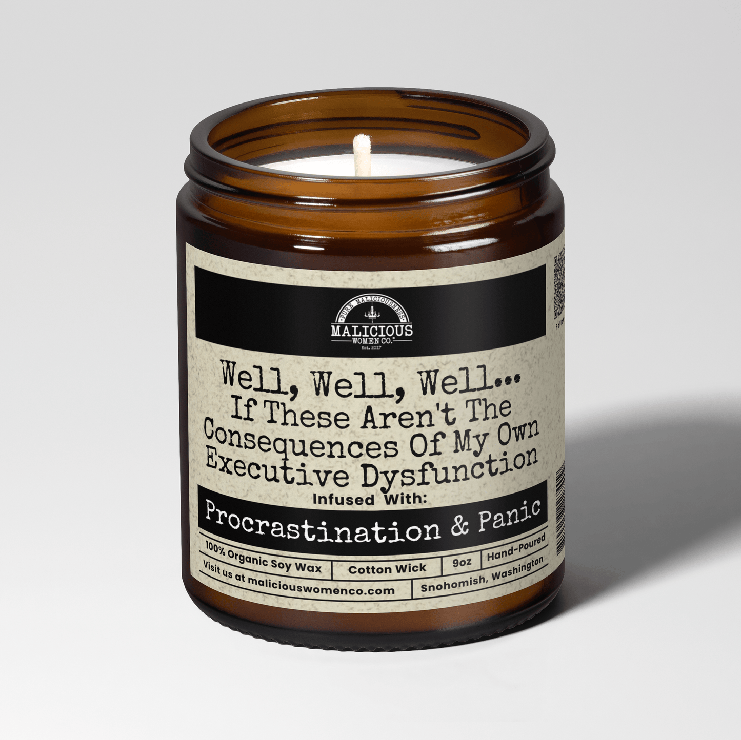 Malicious Women Co. Well, Well, Well... If These Aren't The Consequences Of My Own Executive Dysfunction 9 oz Soy Candle | Luxury Scented Home Fragrance Gift for Men & Women